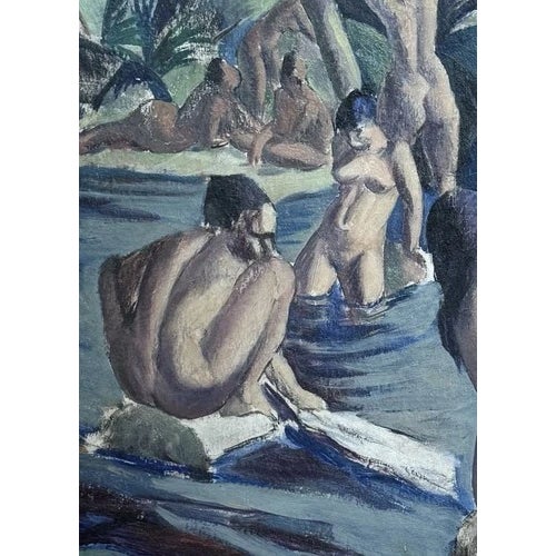 Antique 1925 Clement Haupers Oil on Board Art Deco Bathers Framed & With Labels For Sale In Minneapolis - Image 6 of 10