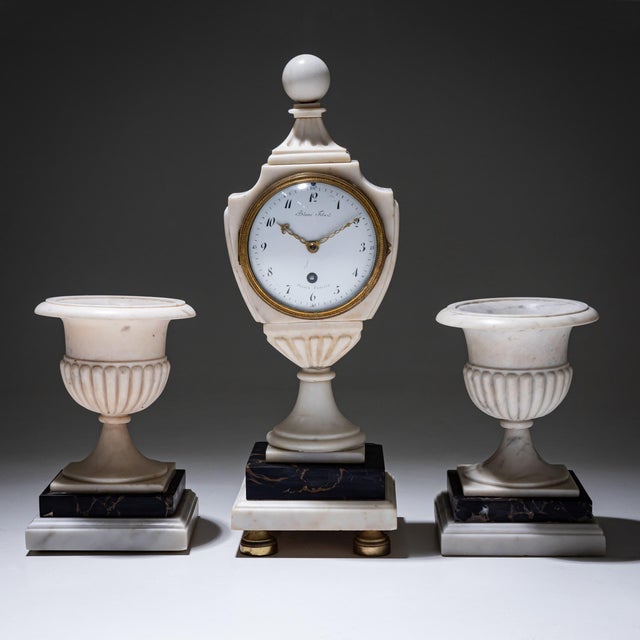 Ivory Marble Mantel Clock with Matching Vases, 1830, Set of 3 For Sale - Image 8 of 8