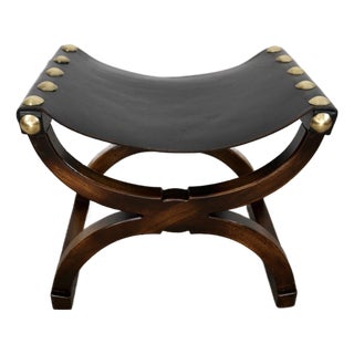 1960’s Hollywood Regency Leather & Brass Sling Stool For Sale