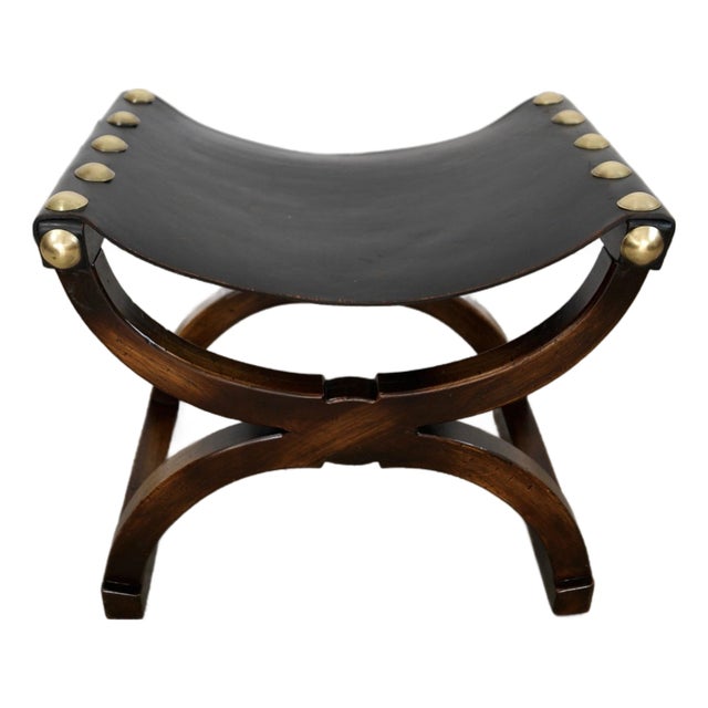 1960’s Hollywood Regency Leather & Brass Sling Stool For Sale