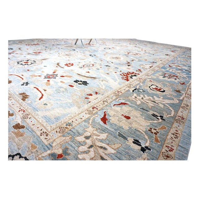 Persian Sultanabad Wool 14 X 20 Light Blue & Teal With Rust Oversized Rug #1140199 For Sale - Image 9 of 10