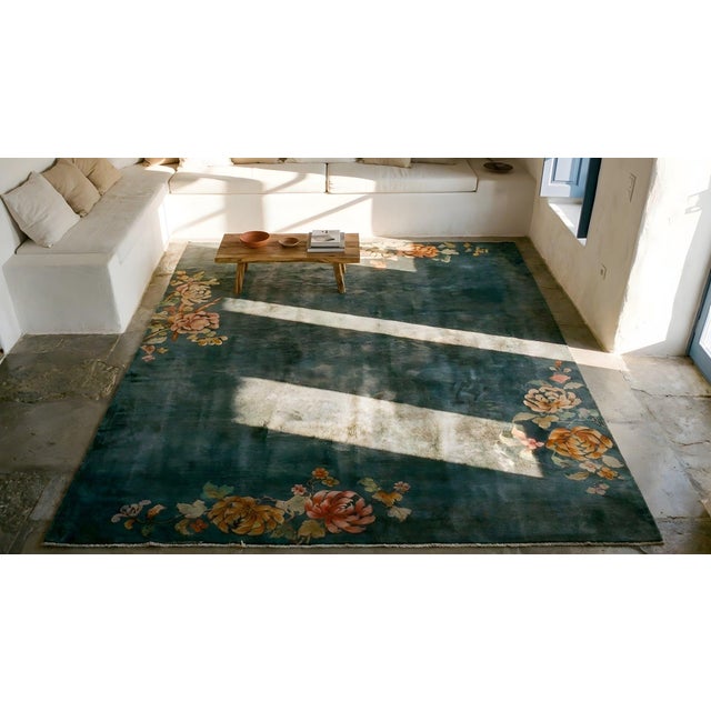 1930s Green Floral Minimalist Antique Chinese Art Deco Carpet 8'10" X 11'7" Knotted Wool Rug For Sale - Image 12 of 14