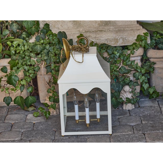Brass Mid 20th Century White Painted Metal Lantern with Glass Panels and Pagoda Top, USA Wired For Sale - Image 8 of 8