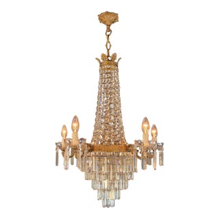 Antique Italian Neoclassical Crystal Chandelier Brass Original Wooden Sockets For Sale