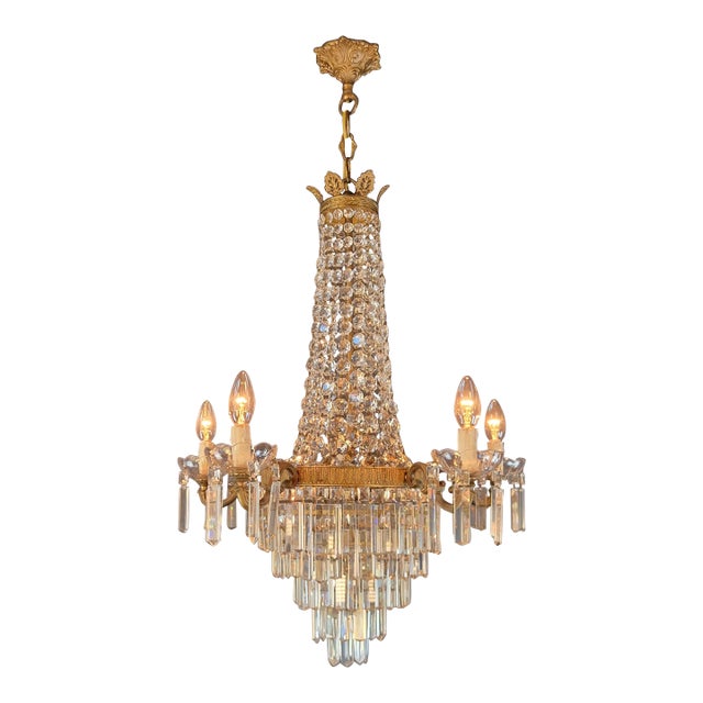 Antique Italian Neoclassical Crystal Chandelier Brass Original Wooden Sockets For Sale