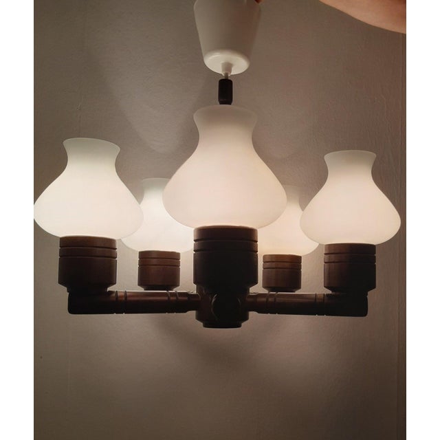 1970s Vintage Danish Hanging Lamp in Wood and Opaline Glass For Sale - Image 6 of 8