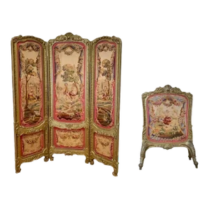 19th Century Louis XV Regency Gilded Screen and Fire Screen with Tapestries - A Pair