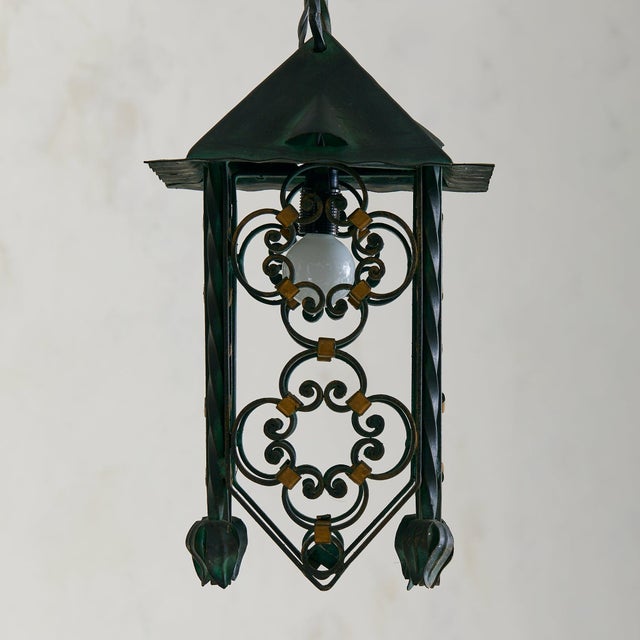 Vintage French Verdigris Wrought Iron Lantern Pendant - 2 Available For Sale - Image 4 of 7