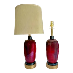 Pair French Oxblood Sang De Boeuf Style Porcelain Table Lamps