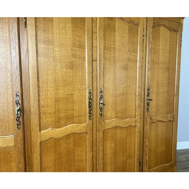 Brown Vintage French Louis XVI Style Carved Oak 4-Door Wardrobe For Sale - Image 8 of 14