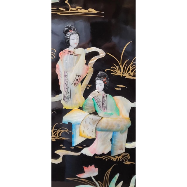 Black Vintage Pair Oriental Wall Art Hanging Asian Decor Wood Frame Black Lacquer Handcrafted Raised For Sale - Image 8 of 9