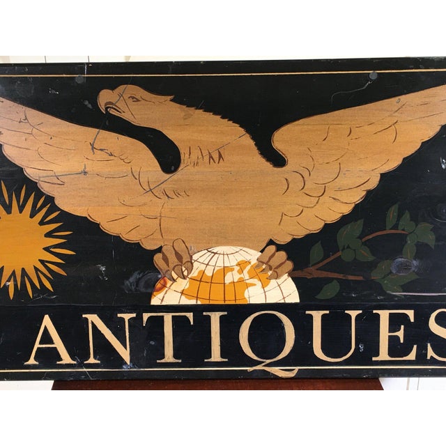 Folk Art Vintage Hand-Painted Wooden “Antiques” Trade Sign For Sale - Image 3 of 7