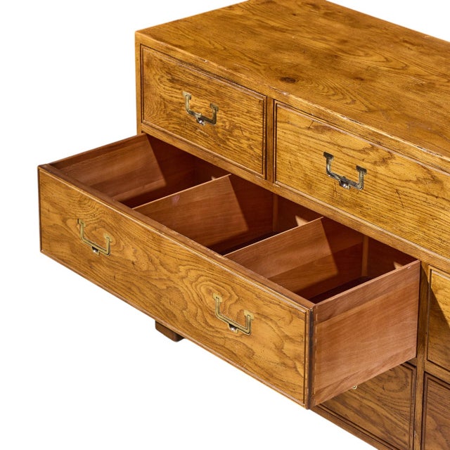 Brown Henredon Campaign Mid Century Oak and Brass Lowboy Dresser For Sale - Image 8 of 11