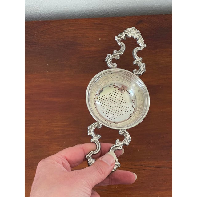 Victorian Vintage Silverplate Tea Strainer With Ornate Handles, Victorian Style Double-Handled Strainer For Sale - Image 3 of 8