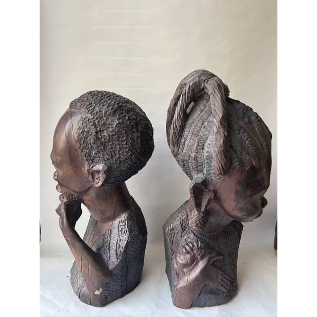Art Deco Pair of Vintage Traditional African Ebony Wood Man & Woman Carving Busters For Sale - Image 3 of 17