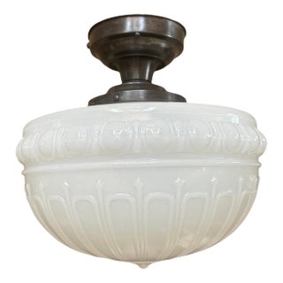 Embossed Cased Glass Egg and Dart Pattern Flushmount on Old Bronzing Patina Brass Holder, Circa 1920 For Sale