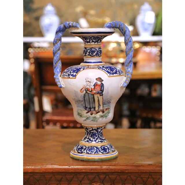 French Large Pair of 19th Century French Desvres Faience Urns With Twisted Handles For Sale - Image 3 of 17