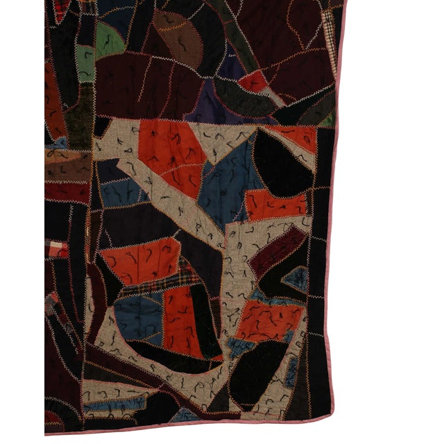 Vintage Hand Embroidered Crazy Quilt, Wool Patchwork Folk Art Textile Wall Hanging For Sale - Image 4 of 9