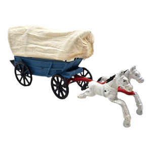 Vintage Cast Iron Conestoga Wagon With White Horses & Blue Covered Wagon — 11"