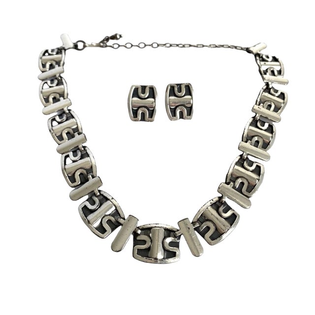 Modernist Necklace & Earrings Set Vintage Brutalist Silver Tone 60s MCM Estate Jewelry Set For Sale