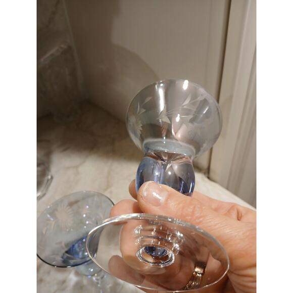 1960s Mid Century Modern Murano Etched Cocktail Cordial Glasses 5" Blue Barware Hand Blown Floral - a Pair For Sale - Image 12 of 16