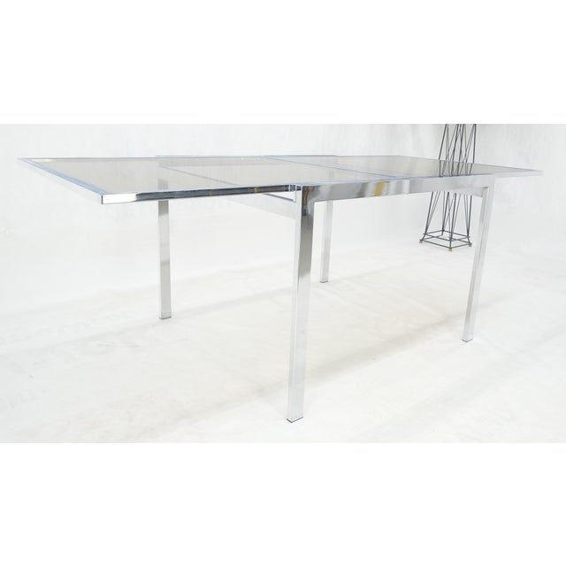 Metal Flip Top 40" Square Crome Base Smoked Glass Top Dining Table 84" Extended Clean! For Sale - Image 7 of 18