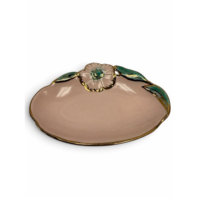 Vintage 1950s Vallona Starr California Pottery Pink & Gold Condiment Jar and Leaf Tray Set For Sale - Image 4 of 7