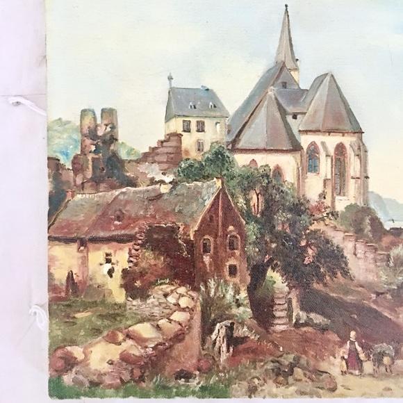 20th century antique German pastoral oil painting. Mid-1900’s era. Painted on canvas with a rustic handmade wood frame....