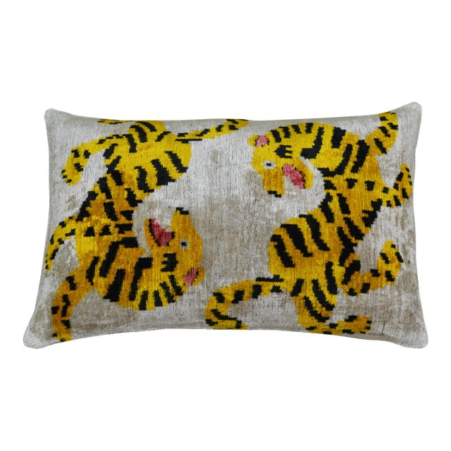 Silk Uzbek Ikat Velvet Hand Made Pillow Cushion, 16x24 For Sale