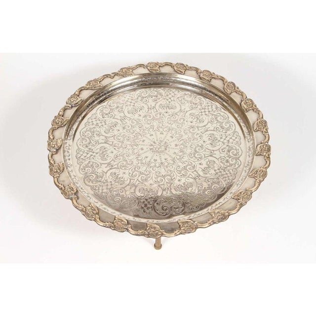 Antique Moroccan Silver-Plated Tea Tray Table on Removable Legs — Hand-Chased, Fez, circa 1920 An exceptional and...