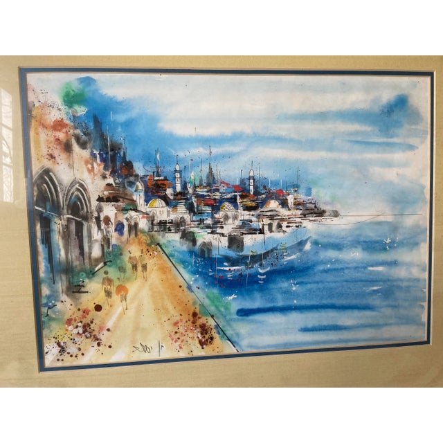 Vintage City and Seaside Watercolor Framed Original Signed Painting For Sale - Image 4 of 9