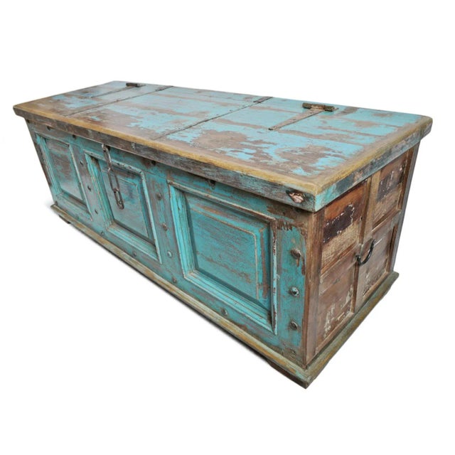 Mid 20th Century Jodhpur Blue Wood Trunk Table For Sale - Image 4 of 12