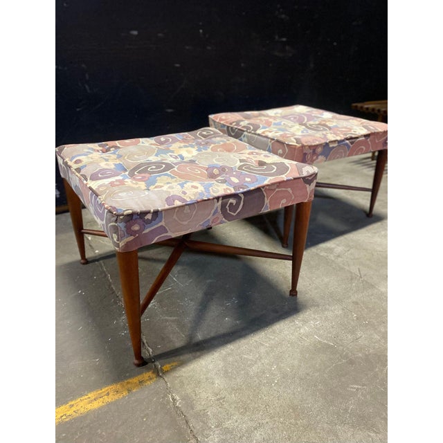 1950s A Pair of Thebes Stools Attributed to Dunbar in Jack Lenor Larsen Samarkand Velvet For Sale - Image 11 of 11