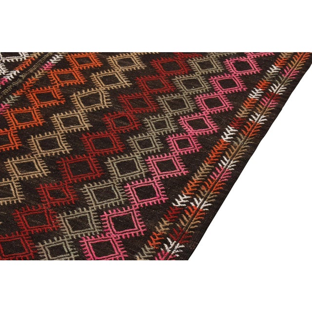 Handwoven Vintage Turkish Kilim Rug in Brown, Multicolor Embroidery Geometric Pattern For Sale - Image 4 of 6
