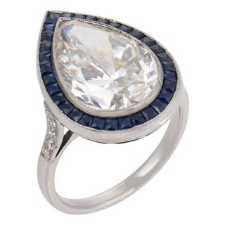 Gia 6.10 Carat Pear Shape Diamond Sapphire Platinum Engagement Ring, Size 6.75 For Sale
