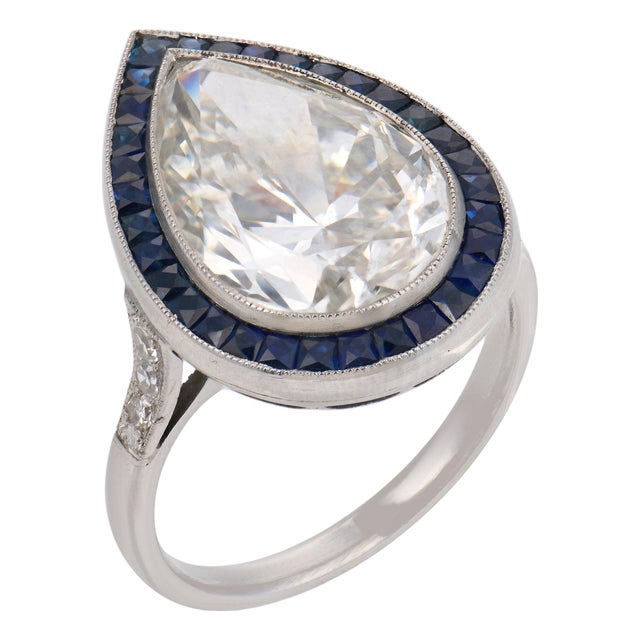 Gia 6.10 Carat Pear Shape Diamond Sapphire Platinum Engagement Ring, Size 6.75 For Sale