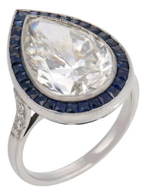 Gia 6.10 Carat Pear Shape Diamond Sapphire Platinum Engagement Ring, Size 6.75
