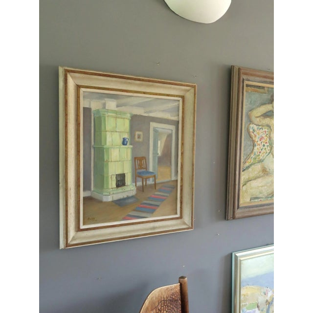 1944 Mid-Century Modern 'Interior With Green Stove' Swedish Original Interior Scene Oil Painting, Framed For Sale - Image 4 of 11