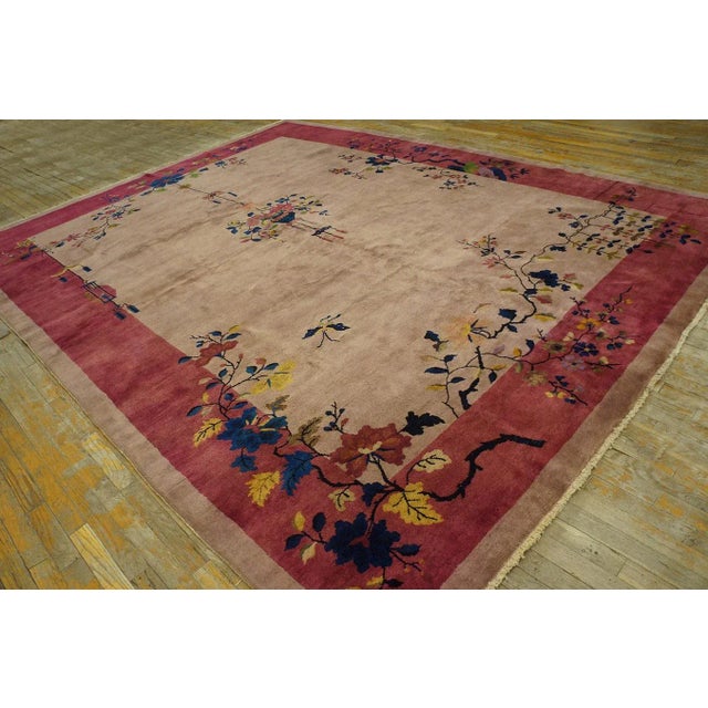 1920s Tan Ecru Flowers Spray Modern Antique Chinese Art Deco Carpet 8' 11'' X 11' 7" Woven Wool Rug For Sale - Image 4 of 9
