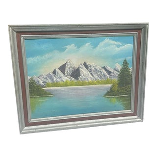 1990s Framed Waterside Mountain Landscape Painting on Canvas, Signed by the Artist For Sale