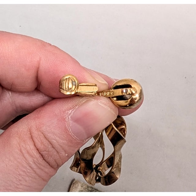 Napier Vintage 1955 Signed Napier Book Piece Goldtone "Garland" Drop Clip Earrings-2 Pieces For Sale - Image 4 of 9