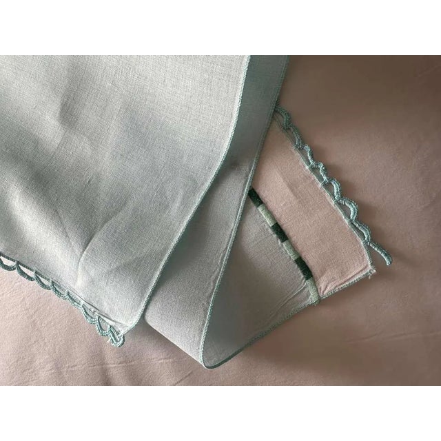 1940s Vintage French Linen Guest Towel, Hand Crocheted Scalloped Edge Aqua Blue Linen, Drawn Thread Accent Band, Heirloom Linen Making 1930s 1940s For Sale - Image 5 of 9