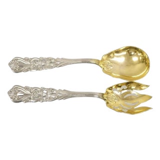 Vintage Italian Baroque Style Epns Silver & Gold Plated Serving Spoon & Fork Set For Sale