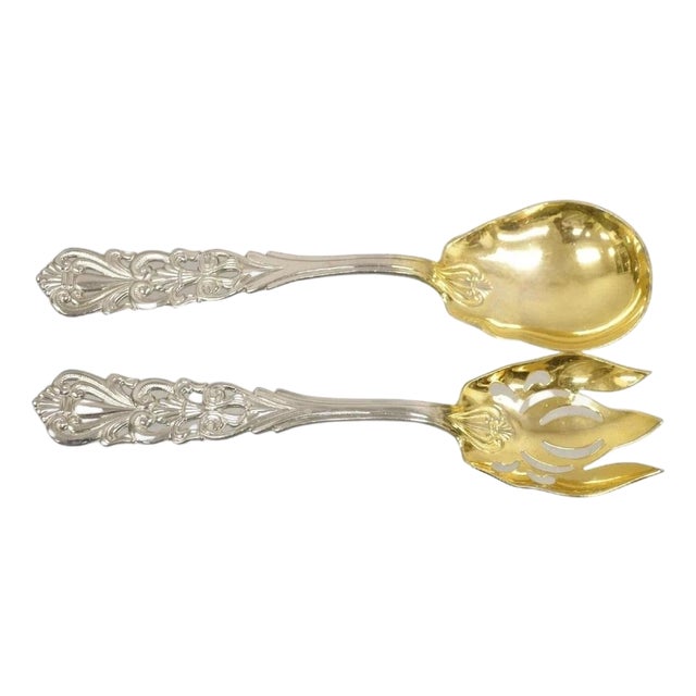 Vintage Italian Baroque Style Epns Silver & Gold Plated Serving Spoon & Fork Set For Sale