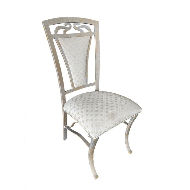 Set of four High Style formal dining steel side chairs each featuring a gold wash stone finished with silver gray fabric...