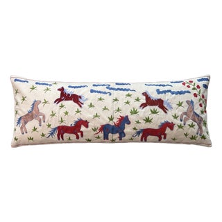 Red Horse Suzani Lumbar Pillow Cover 18'' X 53'' For Sale