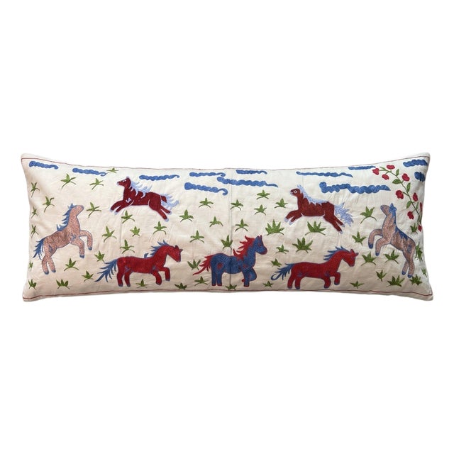 Red Horse Suzani Lumbar Pillow Cover 18'' X 53'' For Sale