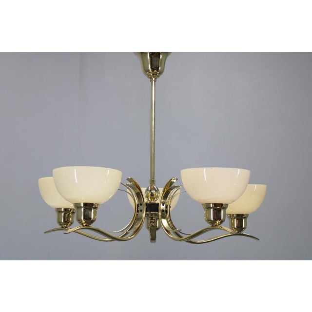 Art Deco Brass Chandelier with Cream Opaline Glass, Czechoslovakia, 1930s For Sale - Image 3 of 12