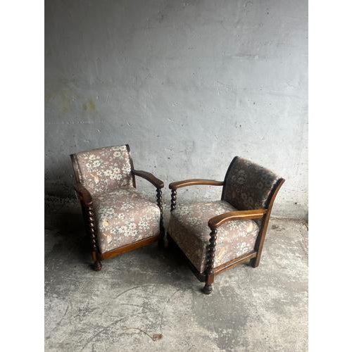 Vintage Floral and Birds Armchairs with Barley Twist Wood, Set of 2 For Sale - Image 5 of 9