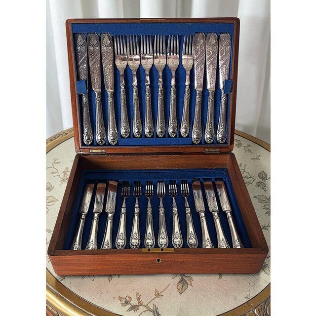Late 19th Century Victorian English Wooden Box With a Complete Silver-Plated Flatware - 48 pcs For Sale - Image 16 of 18